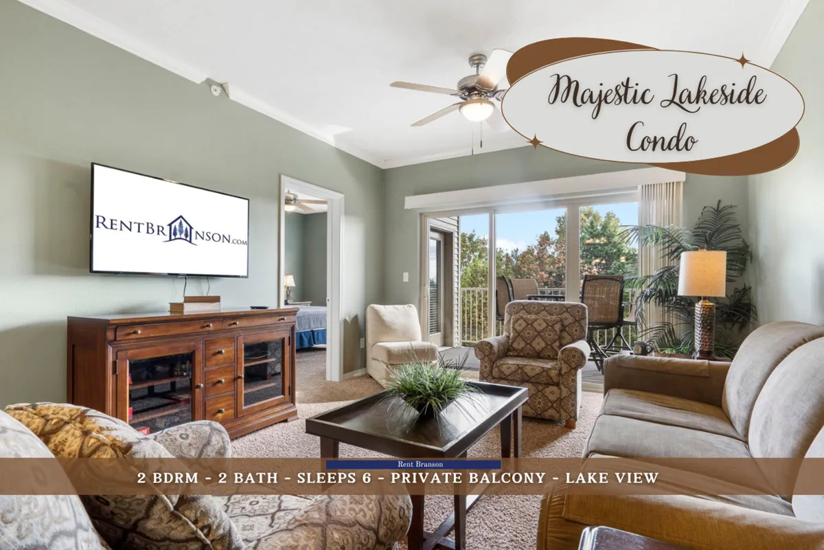 A cozy living room setup with a plush sofa, coffee table, smart TV, and a decorative plant. The backdrop features a balcony view through large windows, allowing for natural light to fill the space and offering tranquil outdoor scenery.